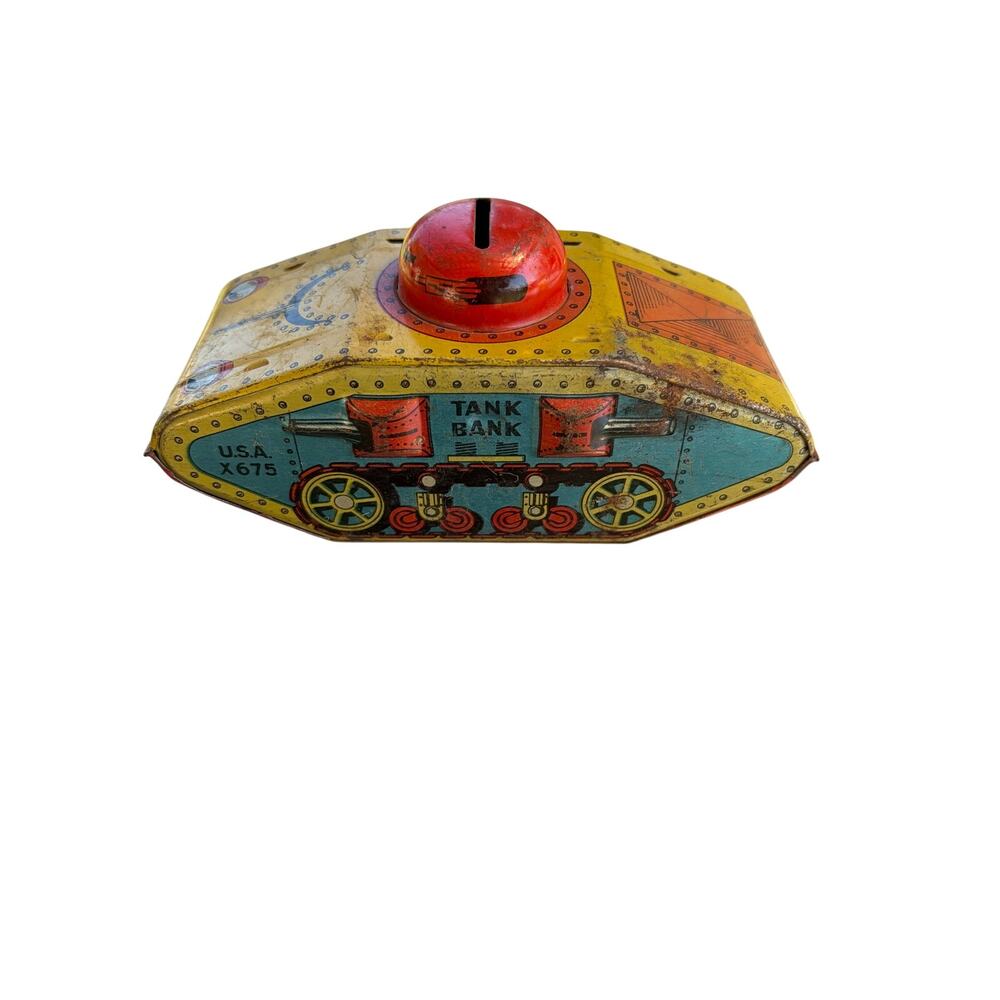 Vintage Tin Toy Army Toy Tank Bank-Made in USA